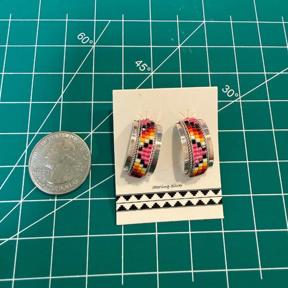 Native American Navajo Handmade Beaded Hoop Sterling Silver Earrings LR New gift - Picture 6 of 7
